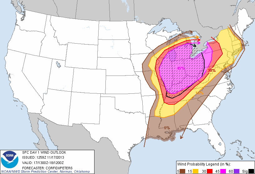 Storm Prediction Center Wind Threat Area for Sunday 11/17 day1probotlk_1300_wind