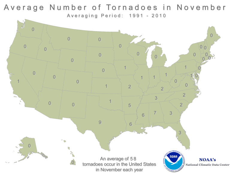Average Number of Tornadoes by State for November Average Number of Tornadoes by State for November