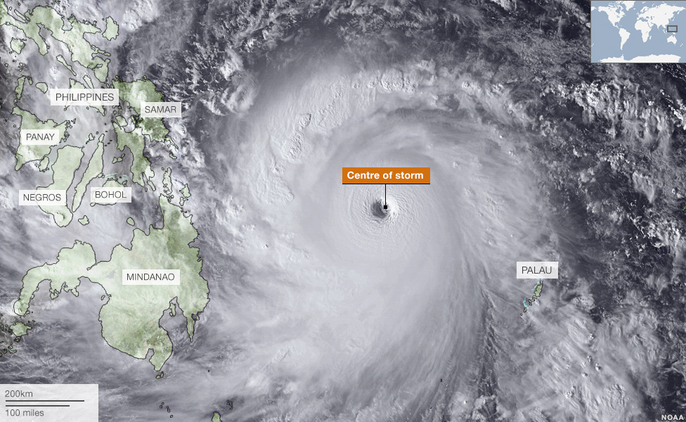 Satellite images show the extent of the storm as it approached the Philippines on 7 November. At times it stretched 600km (372 miles) across. If the same storm was placed over a map of Europe it would stretch from London to Berlin. From BBC News