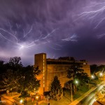 Got treated well last night in Indiana, after chasing a mean, green monster. We watched Anvil crawlers for over 2-3 hours in the early morning hours. 10 minutes before we left this huge anvil crawler lit up the mammatus filled night sky, while another crawler comes swooping in from the right over Indiana University. Before ANYONE says anything. NO this is NOT a stacked image, and NO its not layered, this is one single image.