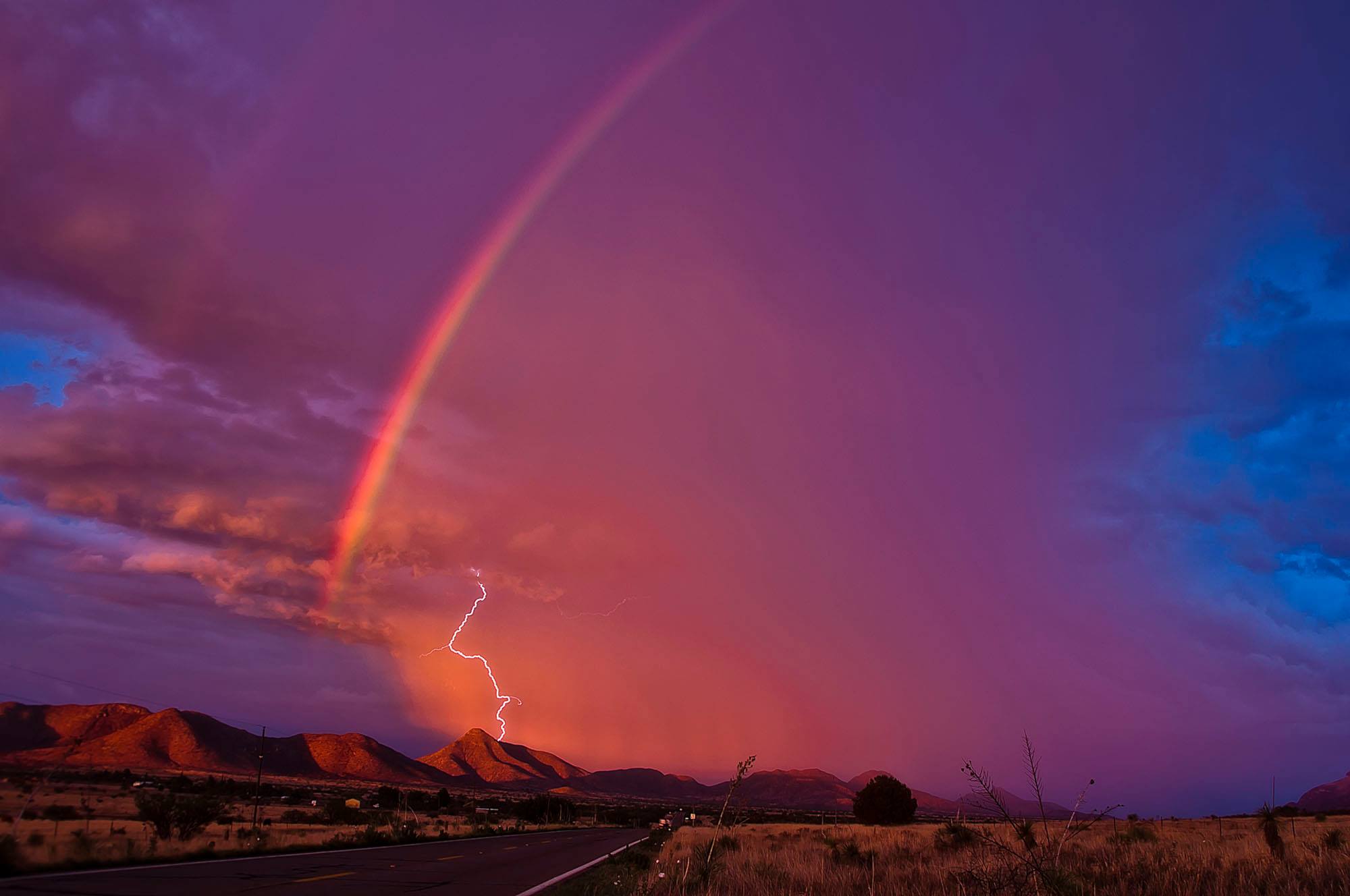 Great sunset with a rainbow and lightning. 14 July, 2014. Eastern Santa Cruz County, Hwy 82.