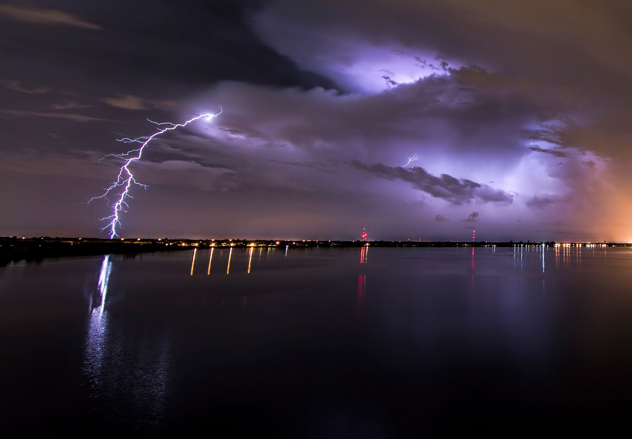 Nice bolt shooting down from the front of a storm rolling over the Manatee River in Ellenton, Florida Tuesday night