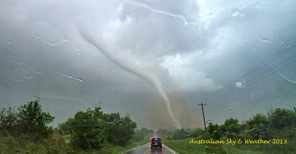 This is the Bray, Oklahoma tornado as it looped out of its rainwrap, crossed the road, split into multivortices, lofted a few trees and disappeared!! May 2013. This is the Bray, Oklahoma tornado as it looped out of its rainwrap, crossed the road, split into multivortices, lofted a few trees and disappeared!! May 2013.